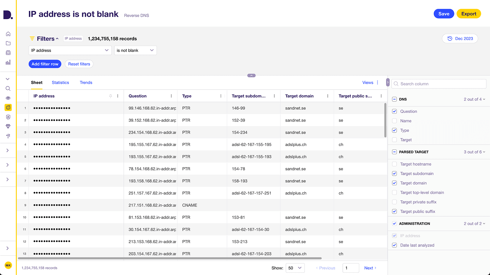 Reverse DNS search engine sheet