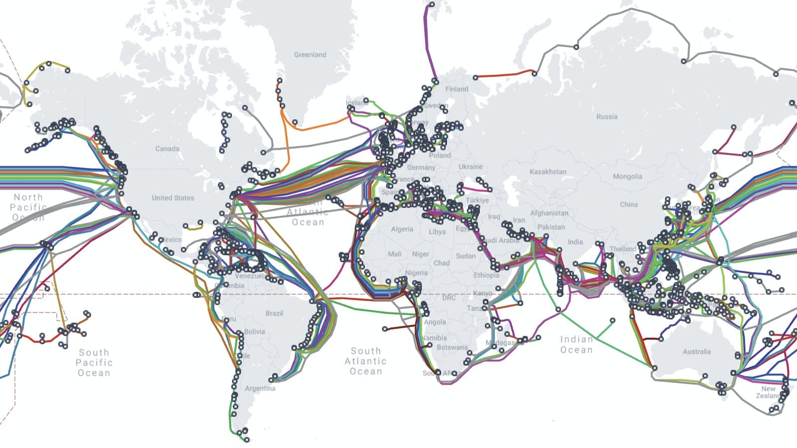 Figure 1: A map of the world showing all submarine cables currently used for the internet.