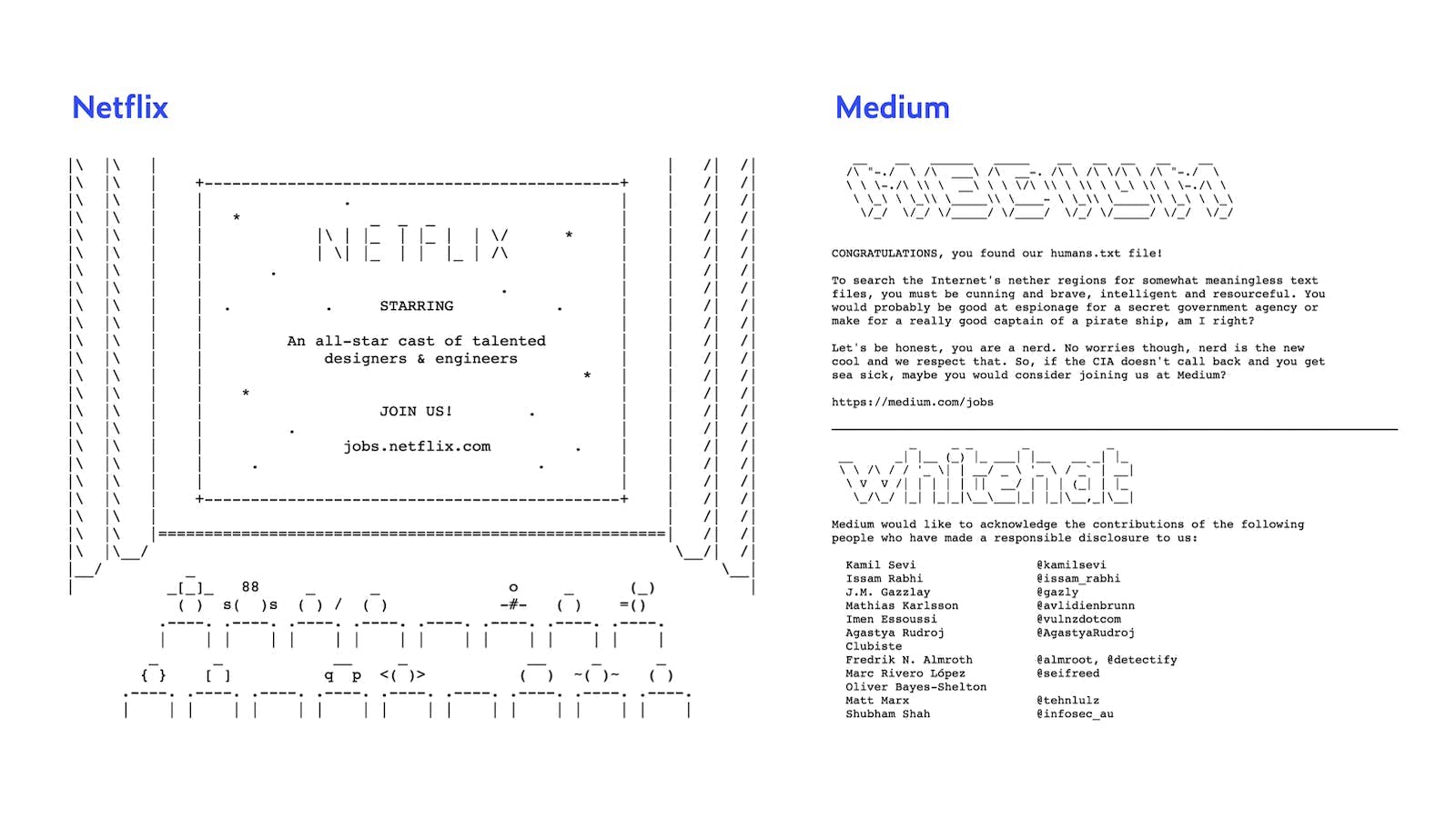 ACSII art humans.txt examples for the websites Netflix, showing people in a theatre, Medium, with a stylized logo and some credits, also to Whitehat, showing a stylized logo and credits. (Source: Dataprovider.com)