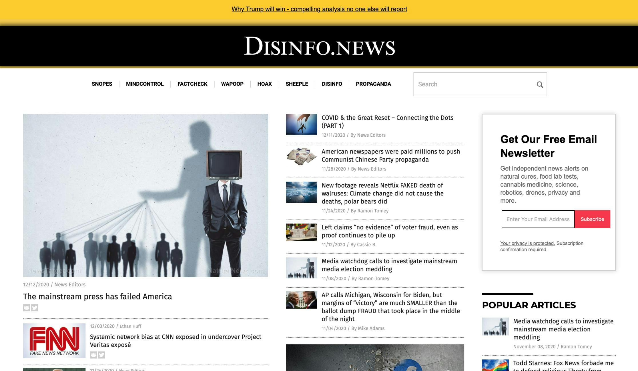 Screenshot of the Disinfo.news homepage