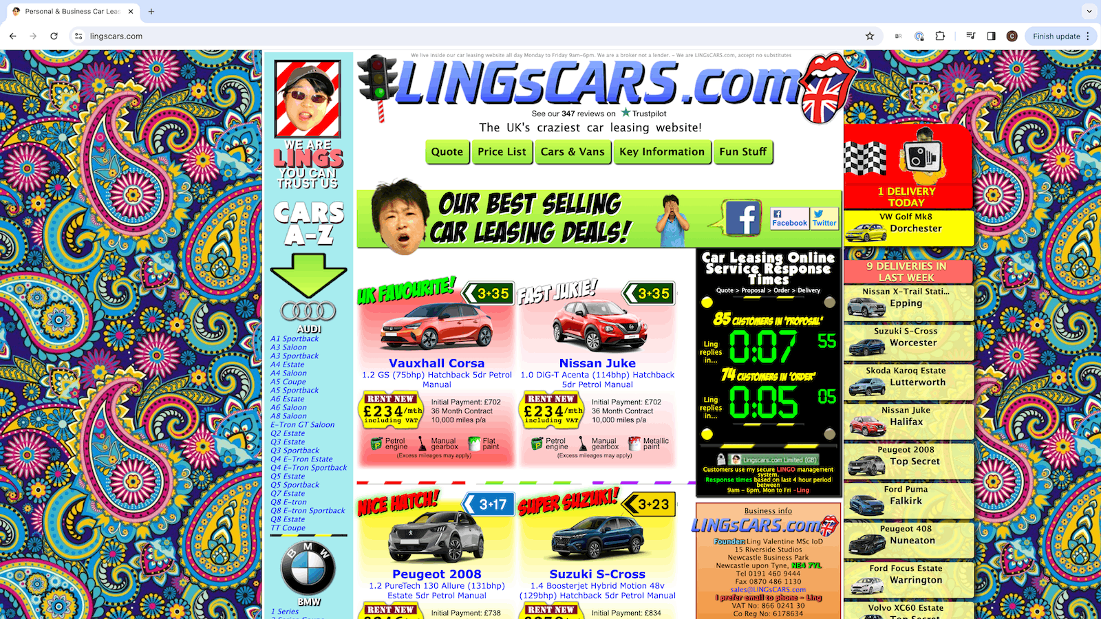 Screenshot of linscars.com a colorfully designed homepage that displays cars for lease.